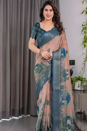Teal color Digital Printed And Zari Woven Work Linen Saree