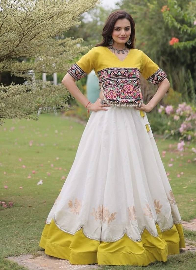 White & Yellow Gamthi Embroidered Foil Print Rayon Flared Lehenga Choli Set