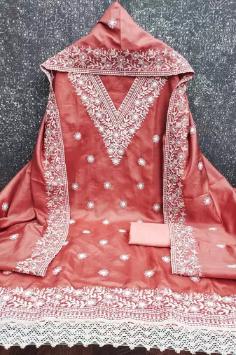 peach embroidered jalpari cotton unstitched dress material 
