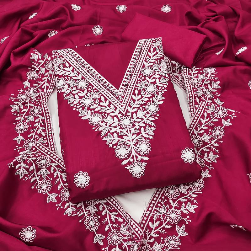 pink embroidered jalpari cotton unstitched dress material 