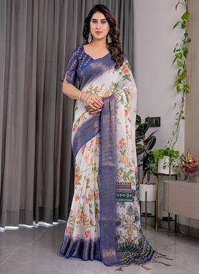 White color Digital Printed And Zari Woven Work Linen Saree 1