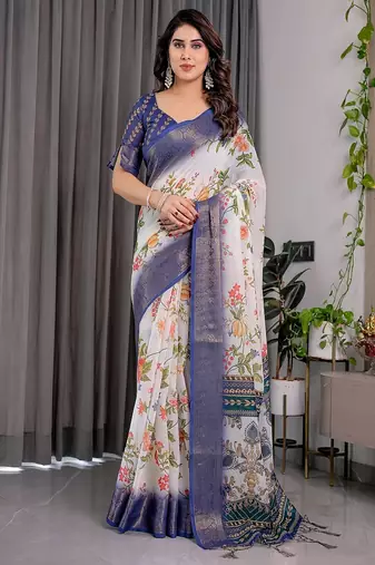 White color Digital Printed And Zari Woven Work Linen Saree