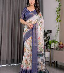 White color Digital Printed And Zari Woven Work Linen Saree