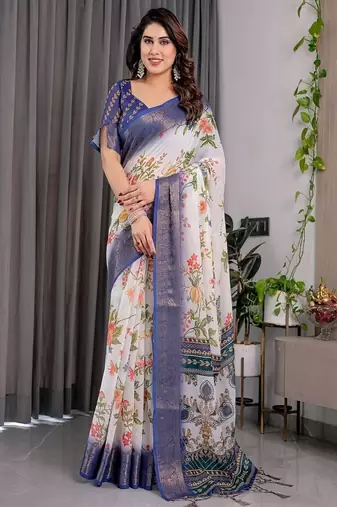 White color Digital Printed And Zari Woven Work Linen Saree