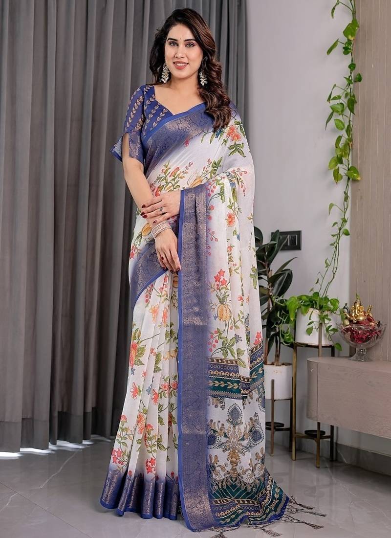 White color Digital Printed And Zari Woven Work Linen Saree