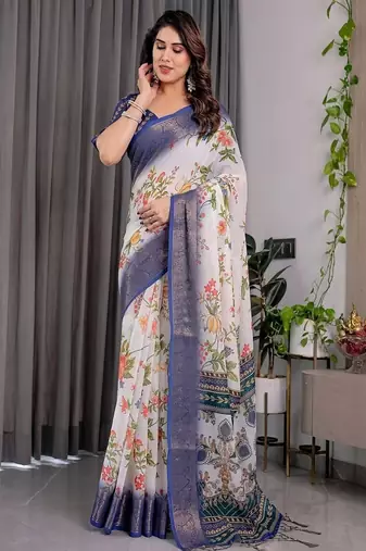 White color Digital Printed And Zari Woven Work Linen Saree