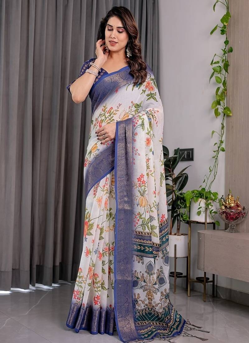 White color Digital Printed And Zari Woven Work Linen Saree