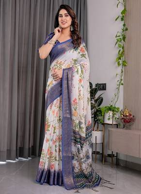 White color Digital Printed And Zari Woven Work Linen Saree 4