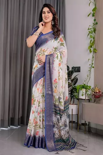 White color Digital Printed And Zari Woven Work Linen Saree