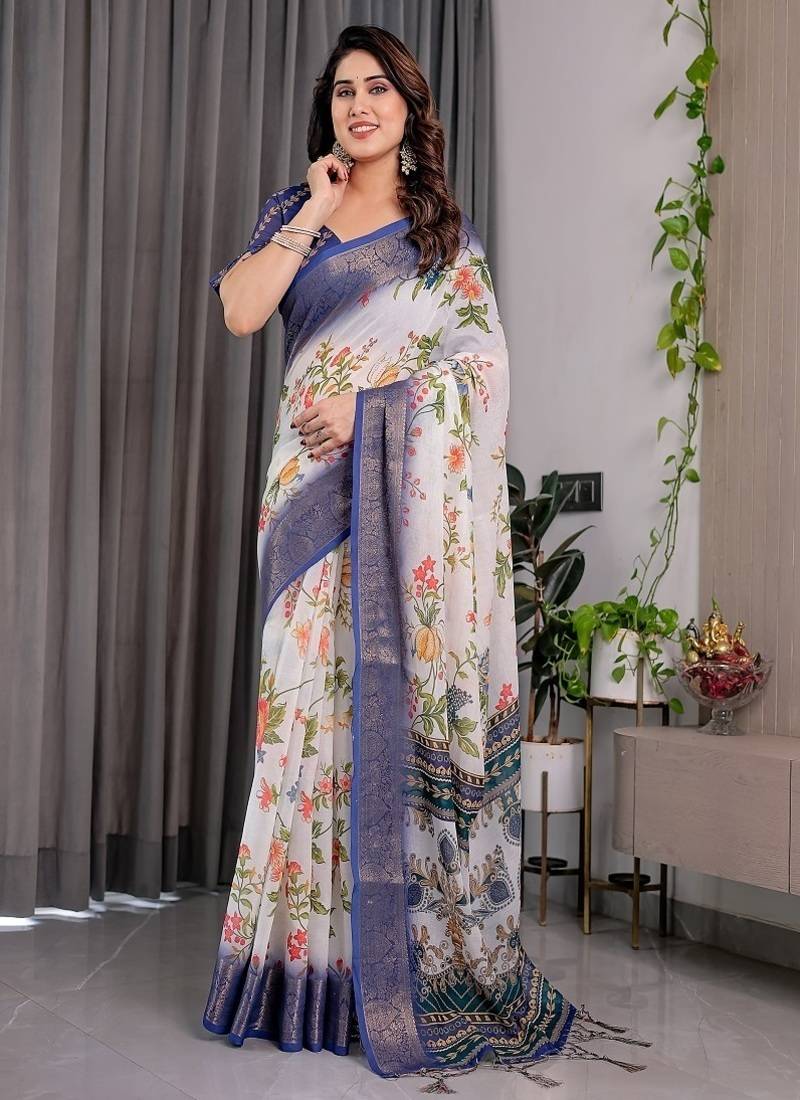 White color Digital Printed And Zari Woven Work Linen Saree