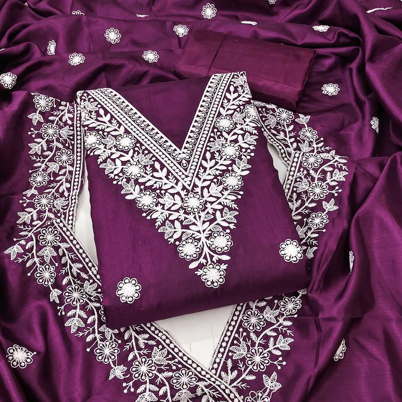purple embroidered jalpari cotton unstitched dress material 