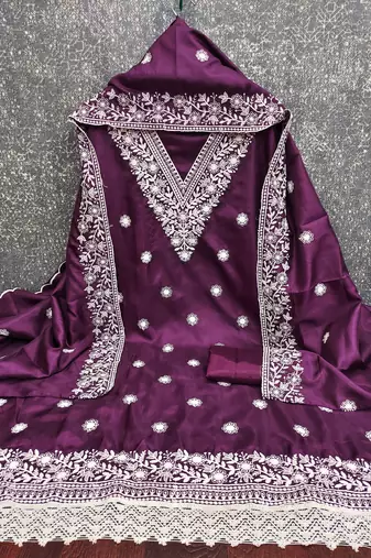 purple embroidered jalpari cotton unstitched dress material 