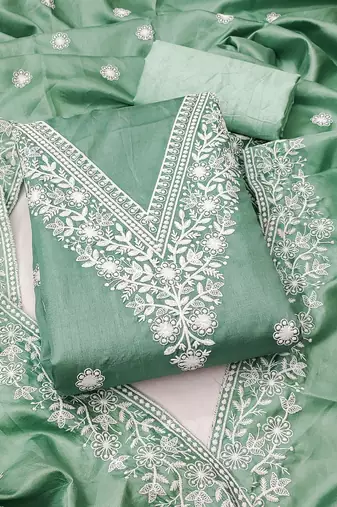 sea green embroidered jalpari cotton unstitched dress material 