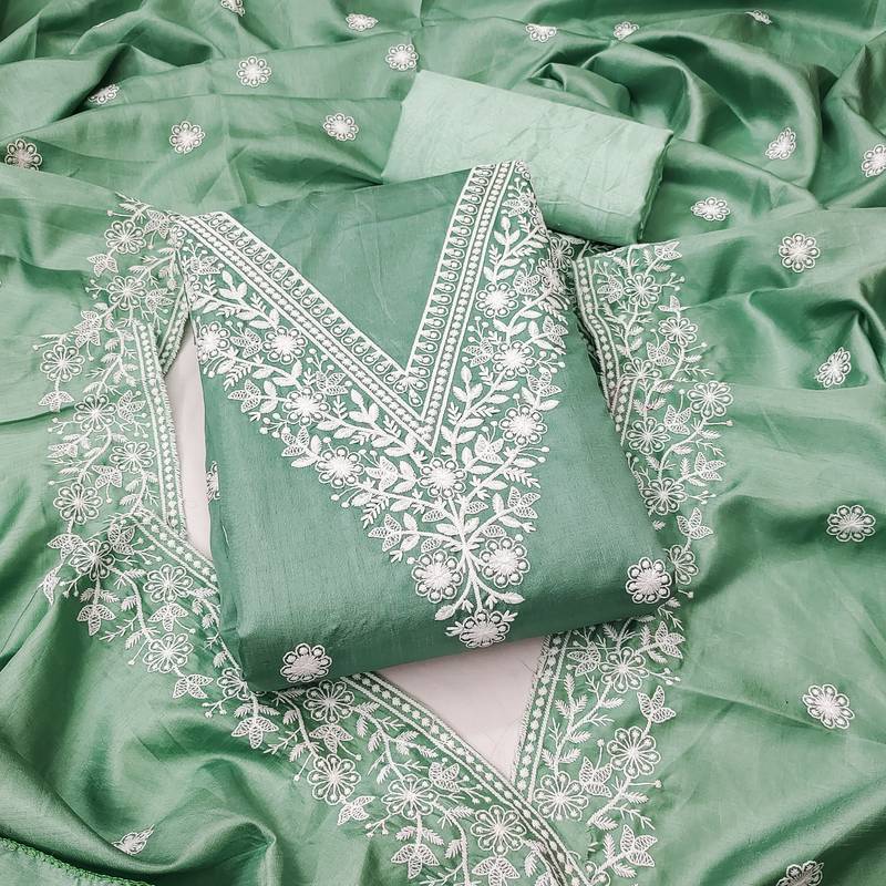 sea green embroidered jalpari cotton unstitched dress material 