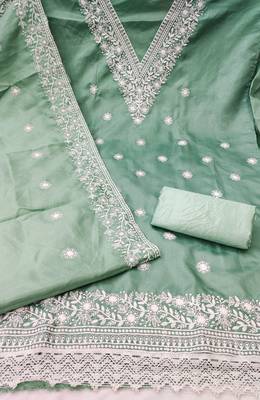 sea green embroidered jalpari cotton unstitched dress material  2