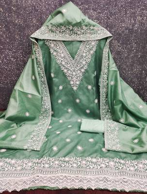 sea green embroidered jalpari cotton unstitched dress material  3