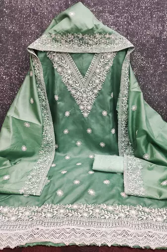sea green embroidered jalpari cotton unstitched dress material 