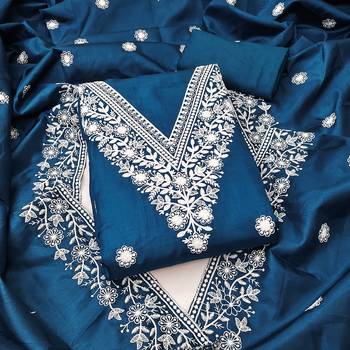 teal blue embroidered jalpari cotton unstitched dress material  1