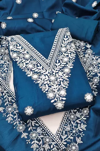 teal blue embroidered jalpari cotton unstitched dress material 