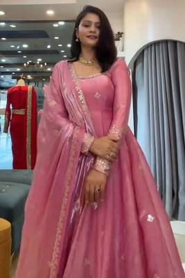 Pink fendy silk blend gown set with pant & dupatta 2