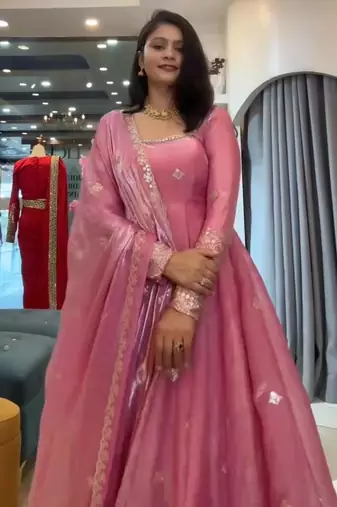 Pink fendy silk blend gown set with pant & dupatta