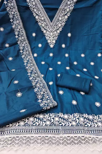 teal blue embroidered jalpari cotton unstitched dress material 