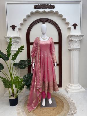 Pink fendy silk blend gown set with pant & dupatta 1