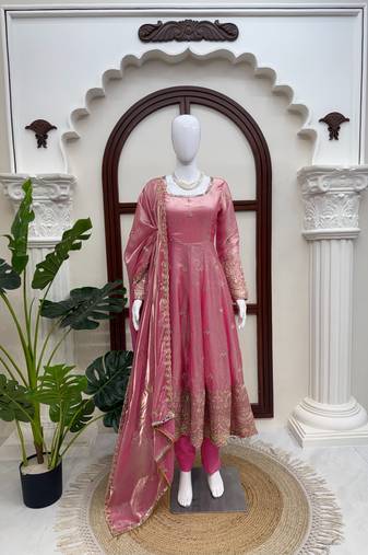 Pink fendy silk blend gown set with pant & dupatta