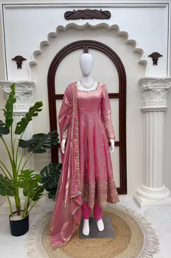 Pink fendy silk blend gown set with pant & dupatta