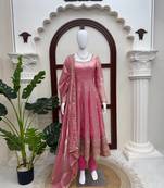 Pink fendy silk blend gown set with pant & dupatta