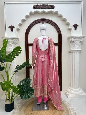 Pink fendy silk blend gown set with pant & dupatta 3
