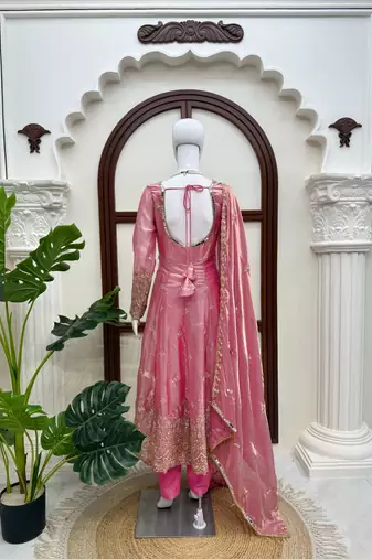 Pink fendy silk blend gown set with pant & dupatta