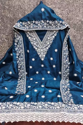 teal blue embroidered jalpari cotton unstitched dress material 
