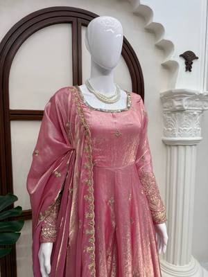 Pink fendy silk blend gown set with pant & dupatta 4