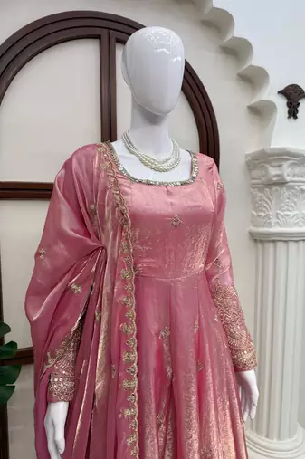 Pink fendy silk blend gown set with pant & dupatta