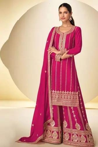 Magenta heavy chinon embroidered palazzo suit set