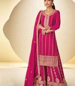 Magenta heavy chinon embroidered palazzo suit set