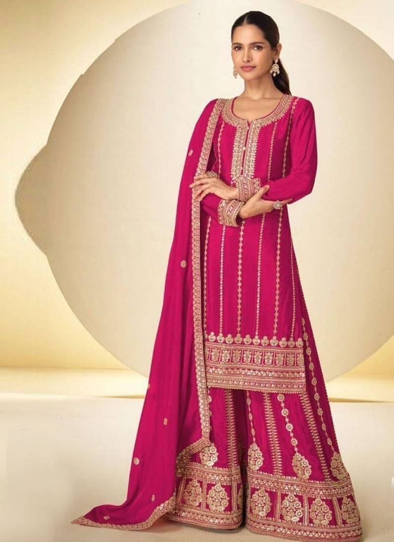 Magenta heavy chinon embroidered palazzo suit set