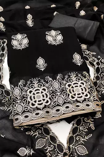 black embroidered vichitra silk unstitched dress material 
