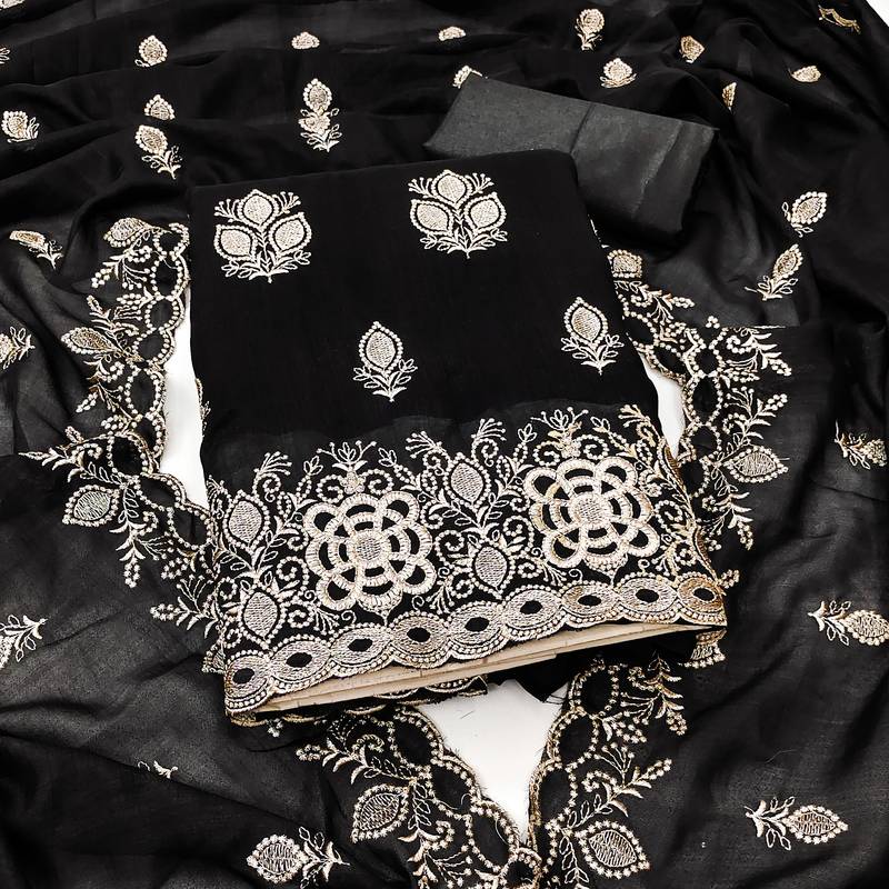 black embroidered vichitra silk unstitched dress material 