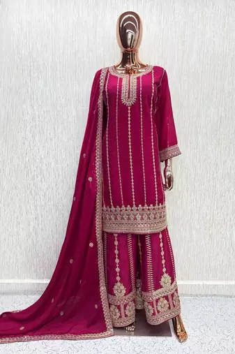 Magenta heavy chinon embroidered palazzo suit set