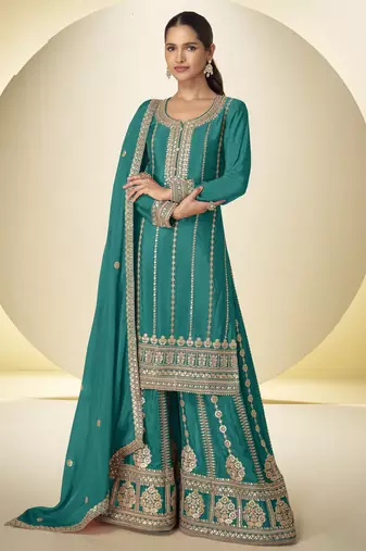 Teal blue heavy chinon embroidered palazzo suit set