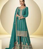 Teal blue heavy chinon embroidered palazzo suit set