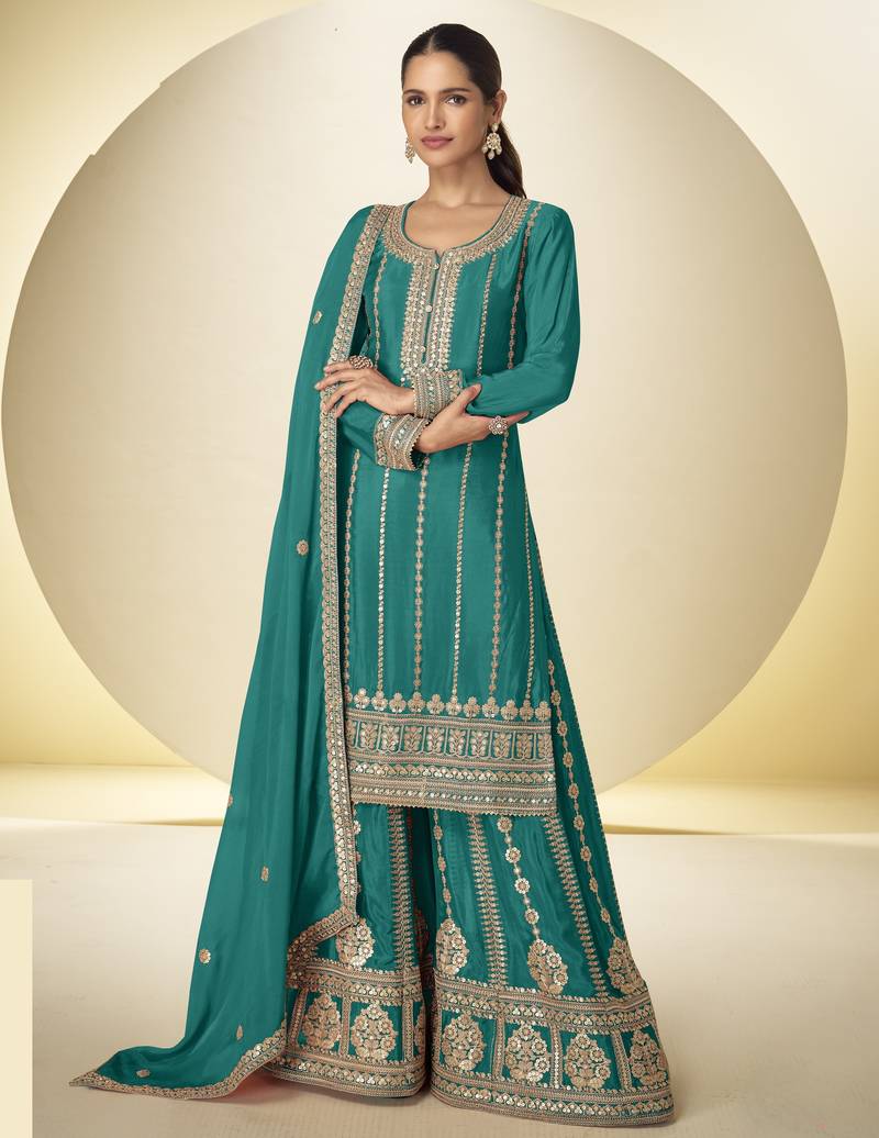 Teal blue heavy chinon embroidered palazzo suit set