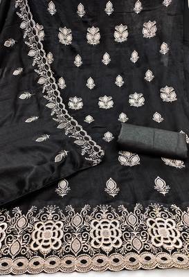 black embroidered vichitra silk unstitched dress material  2