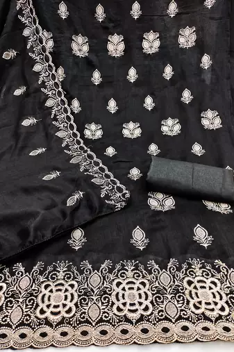 black embroidered vichitra silk unstitched dress material 