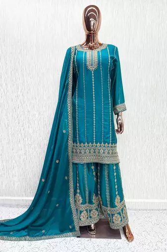 Teal blue heavy chinon embroidered palazzo suit set
