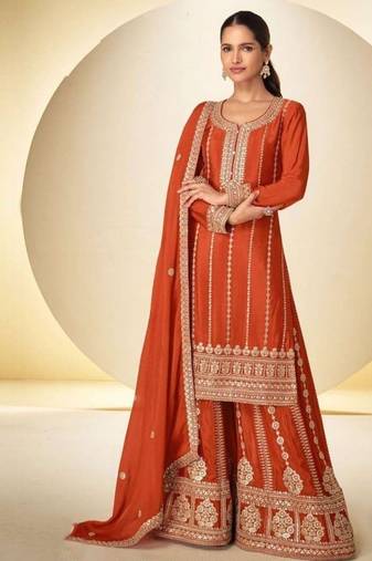 Orange heavy chinon embroidered palazzo suit set