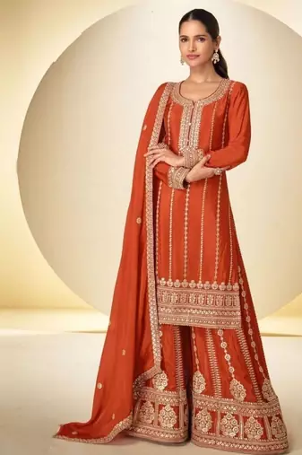 Orange heavy chinon embroidered palazzo suit set