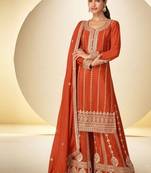 Orange heavy chinon embroidered palazzo suit set